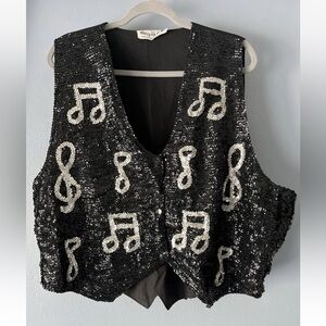 Vintage 80s Sequin Vest Music Notes Sz XL Excellent